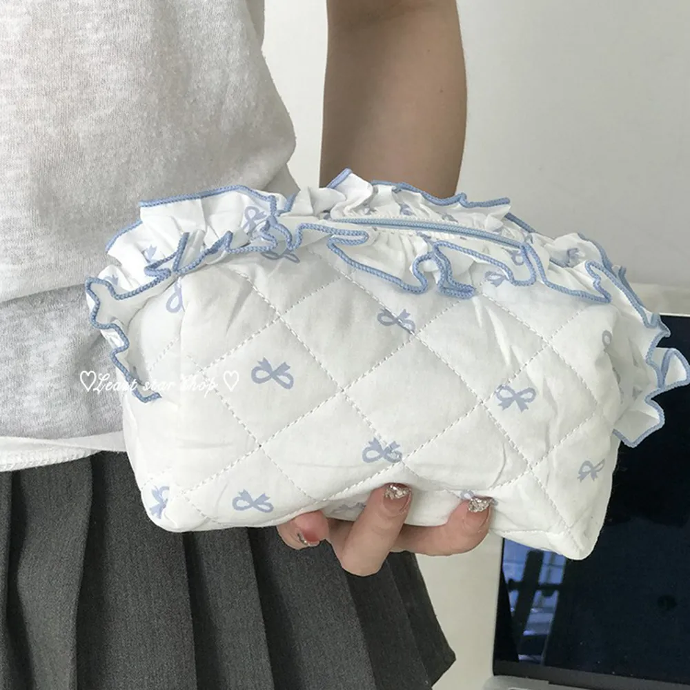 Korea Bow Print Damen Make-up Große Kapazität Tragbare Kosmetiktasche für Reisetoilettenartikel Gekräuselte Kante Kosmetikaufbewahrung_voghion.com