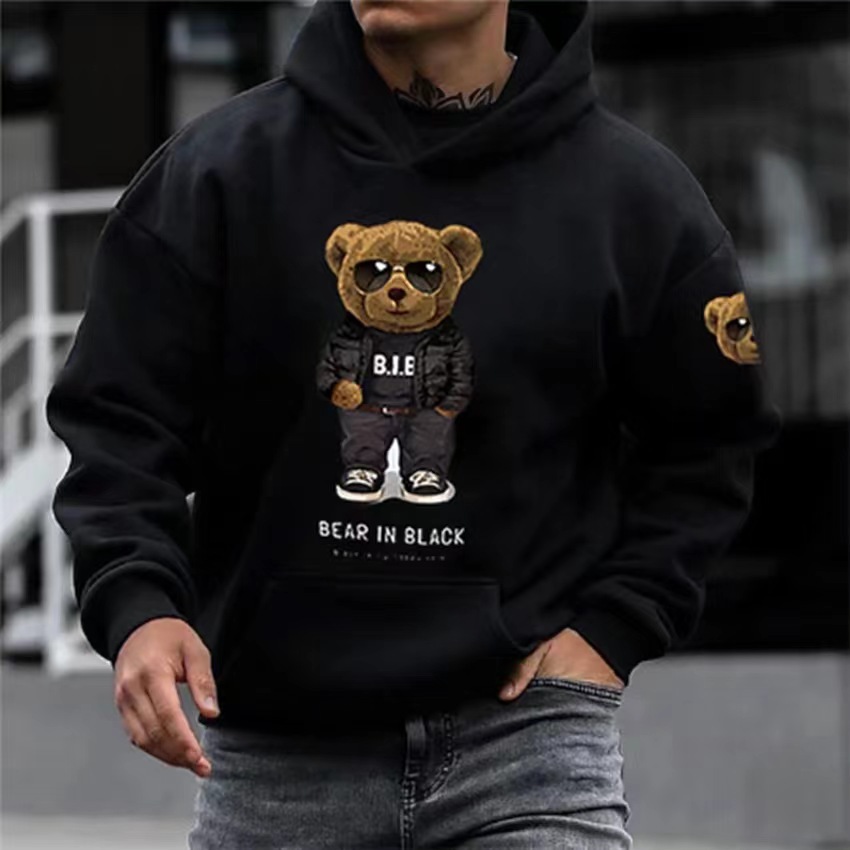 Vêtements pour hommes 2024 Nouveau sweat-shirt pour hommes Ours en noir Ours Poupée Imprimé Veste à manches longues Automne et hiver Sweat-shirt en peluche