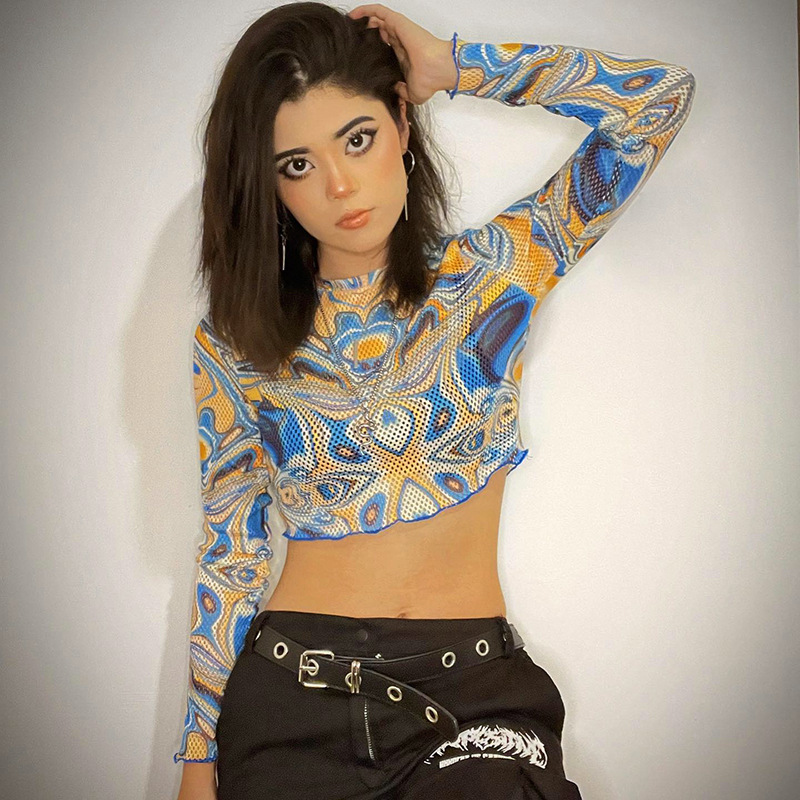 D22TP354 Autunno Nuovo 2024 Girocollo Maglione Manica Lunga Maglia Stampata Ombelico Aperto Top T-shirt Donna_voghion.com