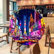 Neon City Night Acrylic Sign - 8" Round Window Art. Vibrant Party Decor For Holidays Or As A Stylish Gift._voghion.com