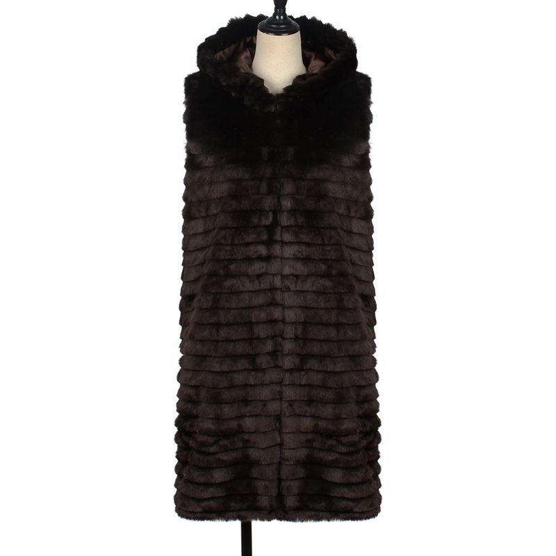 Large size women's rabbit mid-length  fur vest hooded coat_voghion.com