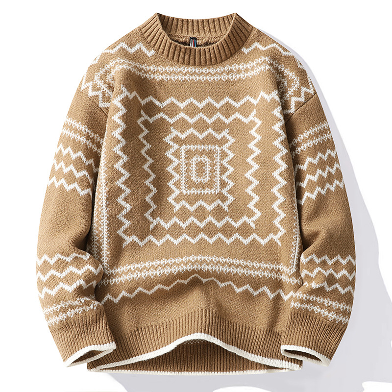 Cămașă tricotată jacquard cu model labirint, toamnă și iarnă, pentru bărbați, cu fund cald, non-mainstream, pulover proaspăt pentru studenți_voghion.com