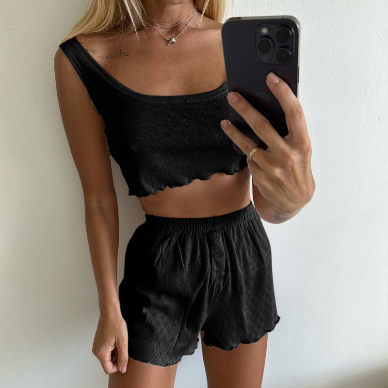 Ensemble de vêtements de nuit décontractés pour femmes, couleur unie, bretelles creuses, vêtements de maison, nouvelle collection été 2025_voghion.com