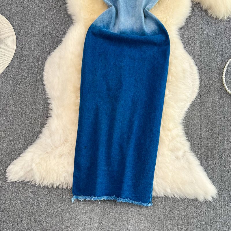 Women's color-changing tube top waist slimming mid-length back slit denim hip-hing dress_voghion.com
