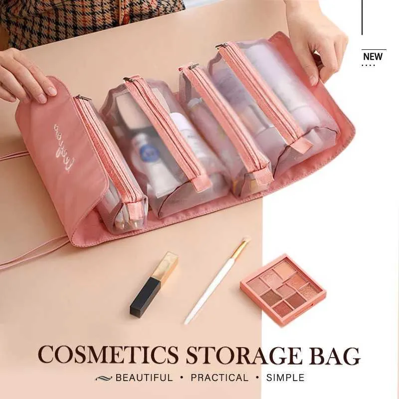 Borsa porta pennelli da trucco pieghevole in nylon con cerniera 4 in 1, indipendente da donna, Y241023_voghion.com