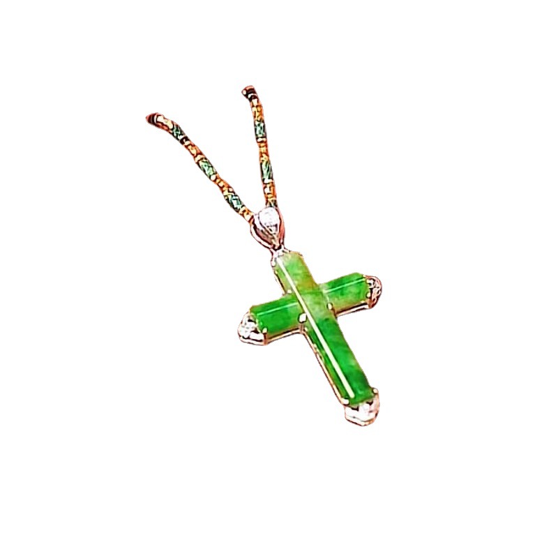 Collana uomo con pendente croce in giada verde e diamante dorata_voghion.com