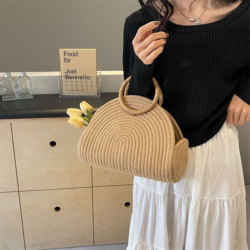 Women's Straw Solid Color Classic Style Weave Pillow Shape Open Beach Bag_voghion.com