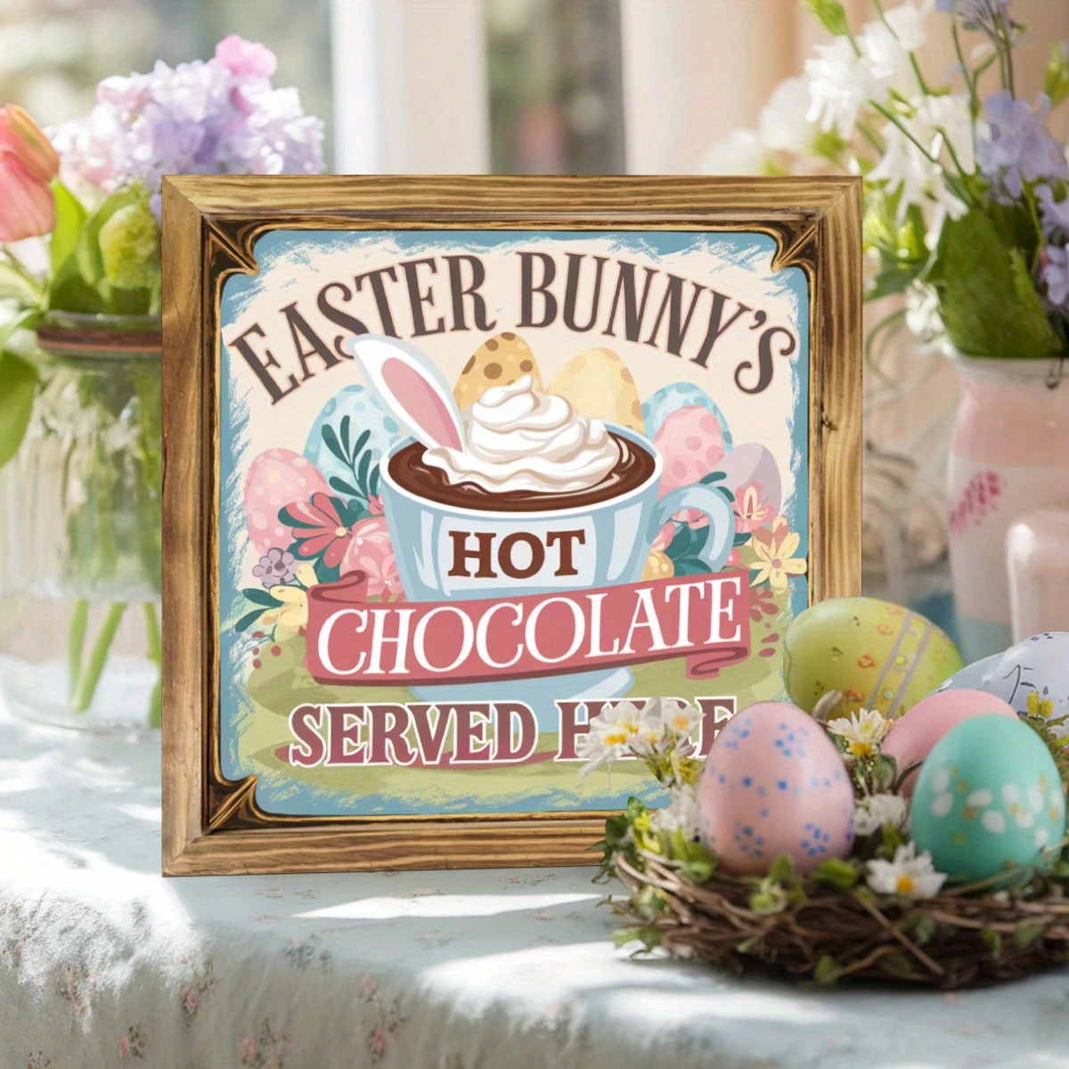 Rustic Easter Bunny Hot Chocolate Sign - 8x8" Farmhouse Wall Art. Perfect For Kitchen, Bedroom Or As A Charming Housewarming Gift._voghion.com
