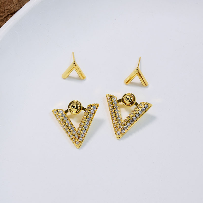 Orecchini a due pezzi in stile coreano, triangolo geometrico alla moda francese, davanti e dietro, orecchini in zirconi micro-incrostati, piccoli e raffinati orecchini a V_voghion.com