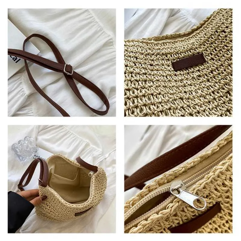 Sac à bandoulière tissé en paille pour l'été, sac à main de grande capacité pour les vacances à la plage, le shopping, les messages_voghion.com
