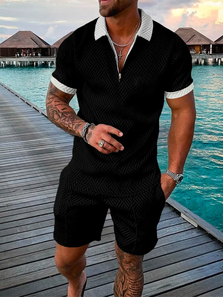 Survêtements pour hommes, ensemble de costume d'été imprimé 3D couleur unie, polo à manches courtes et short, mode fermeture éclair, deux pièces pour hommes_voghion.com