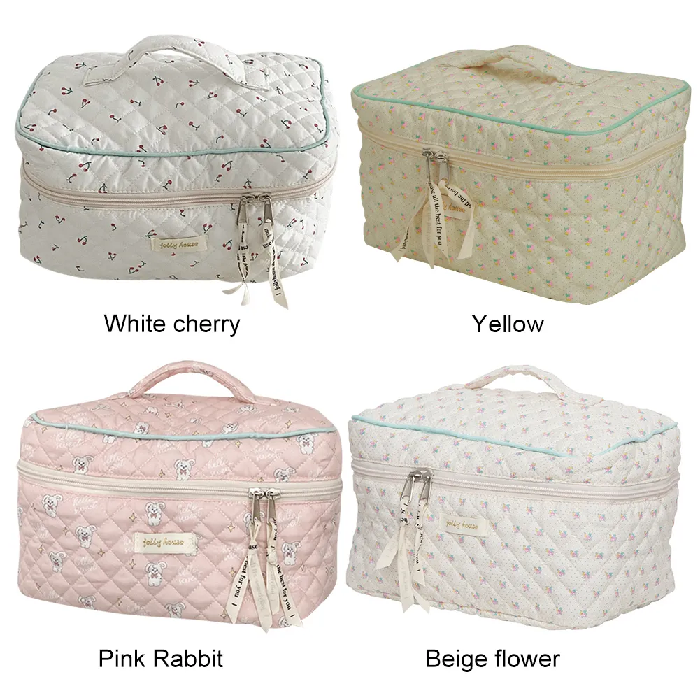 Trousse de toilette coréenne mignonne, portable, zippée, organiseur de voyage, trousse de maquillage matelassée, grande capacité, imprimé floral, pour femmes_voghion.com