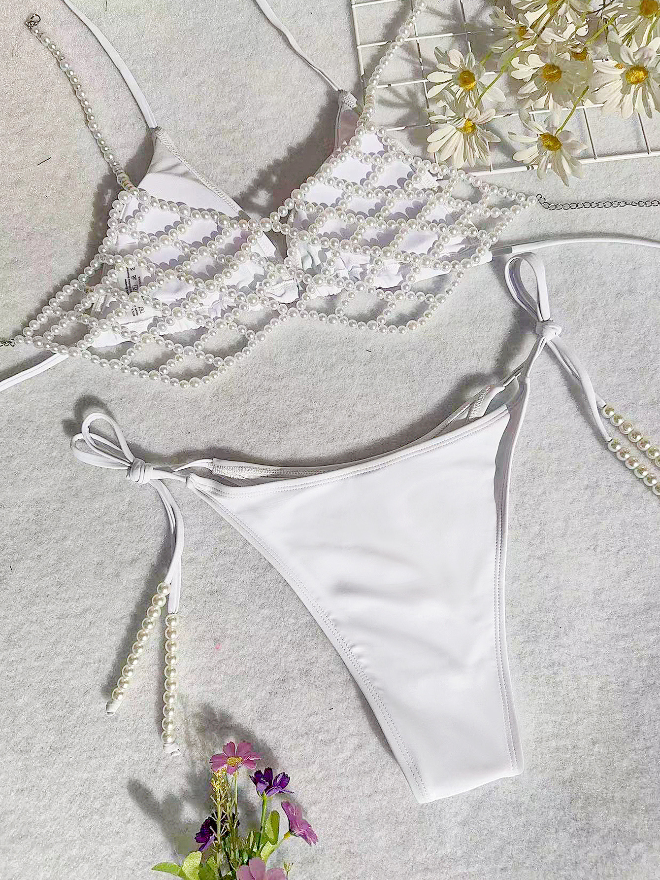 Maillot de bain avec bretelles en chaîne de perles pour femmes, bikini sexy, fente avancée, costume trois pièces_voghion.com