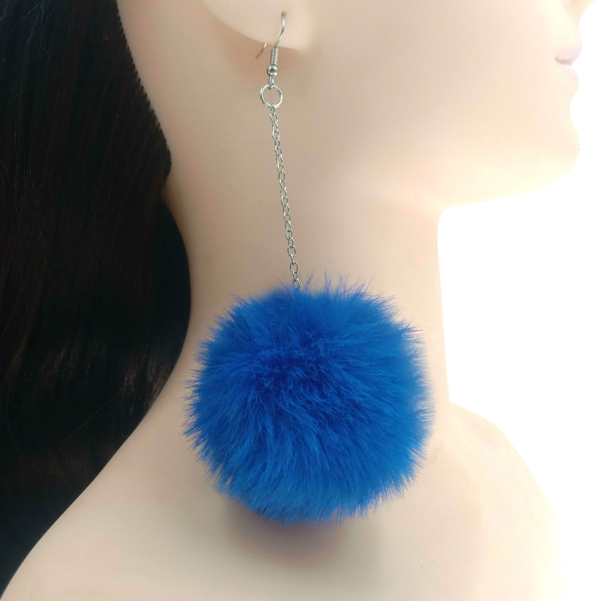 Ethnic style popular 6cm silver long chain rabbit fox fur female plush ball earrings_voghion.com