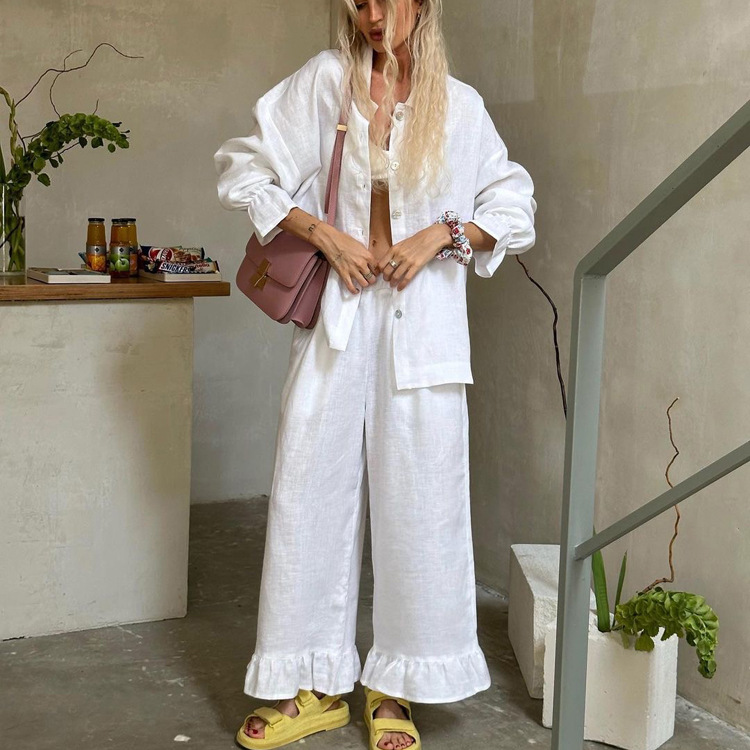 Women's Clothing flared sleeve shirt trousers two-piece cotton casual suit