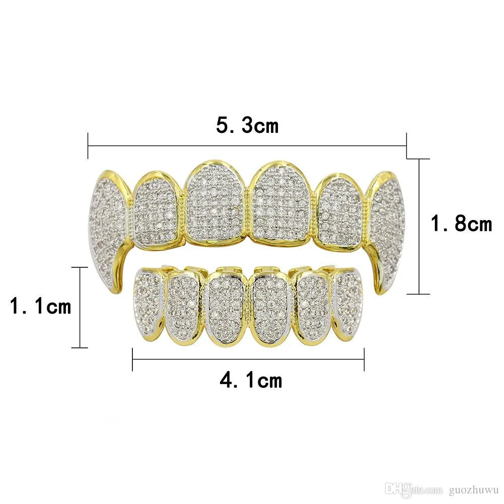 Gold Plated Copper Hip Hop Iced Out Vampire Teeth Fang Grillz Dental Mouth Grills Braces Tooth Cap Rock Rapper Jewelry_voghion.com