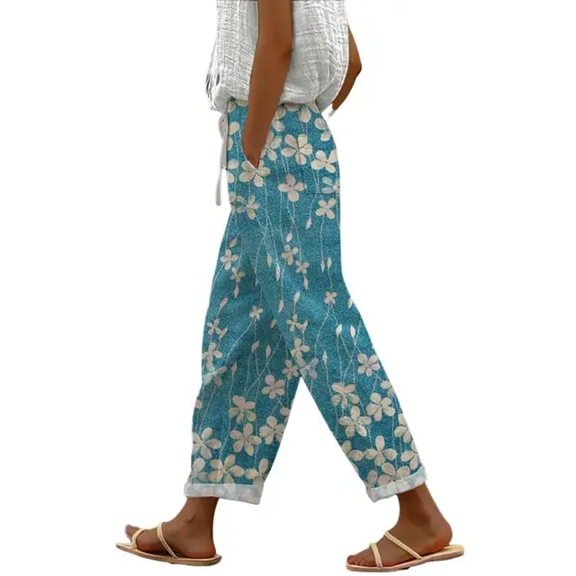 Pantaloni harem con coulisse e stampa floreale con elastico in vita, stile boho, con lacci, set di abiti a trapezio per le donne, spiaggia, ufficio_voghion.com