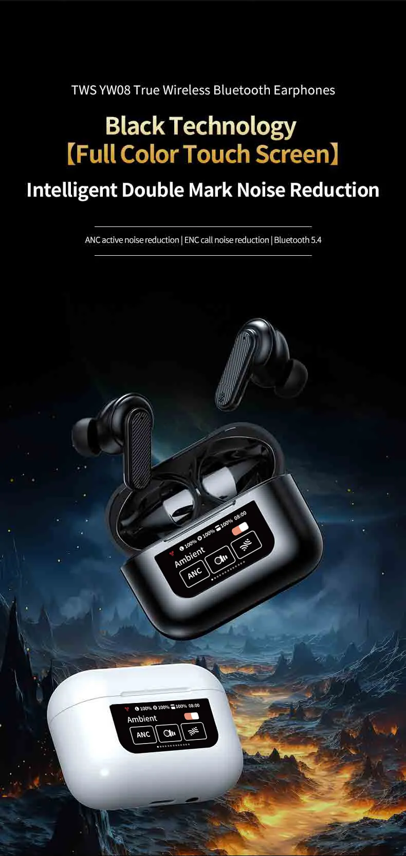 Nuove cuffie YW08 TWS auricolari wireless touch screen in-ear con display LED, riduzione del rumore ANC, auricolari da gioco_voghion.com