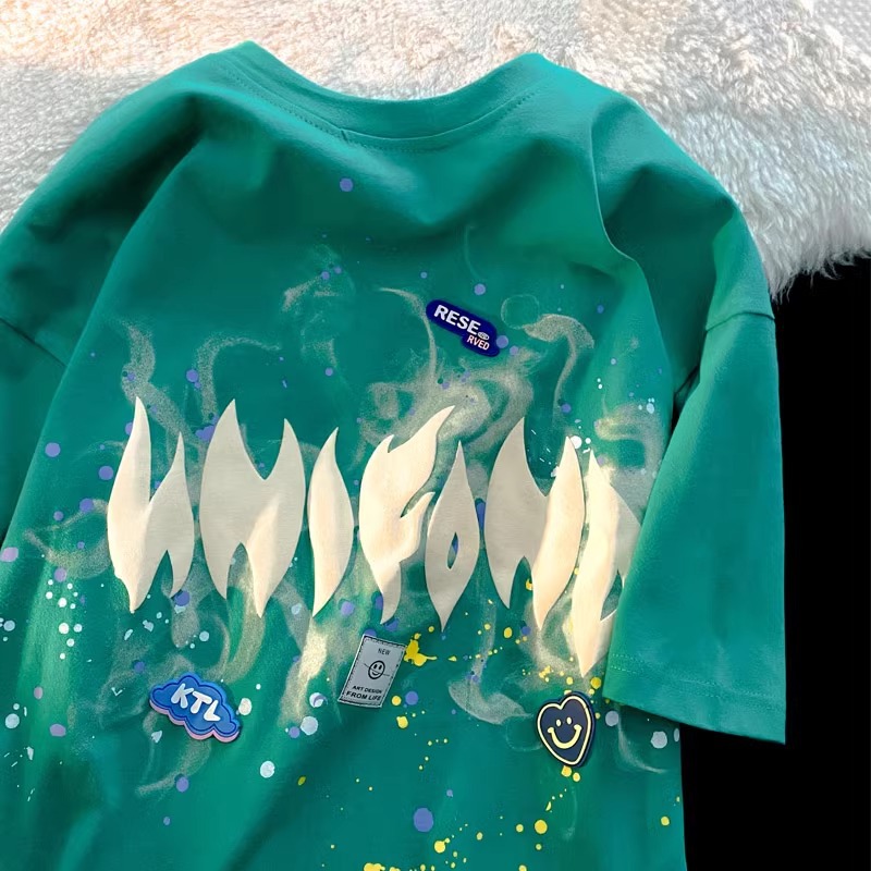 Vêtements pour femmes T-shirt vert à imprimé flamme en pur coton pour femmes à manches courtes et à manches mi-longues