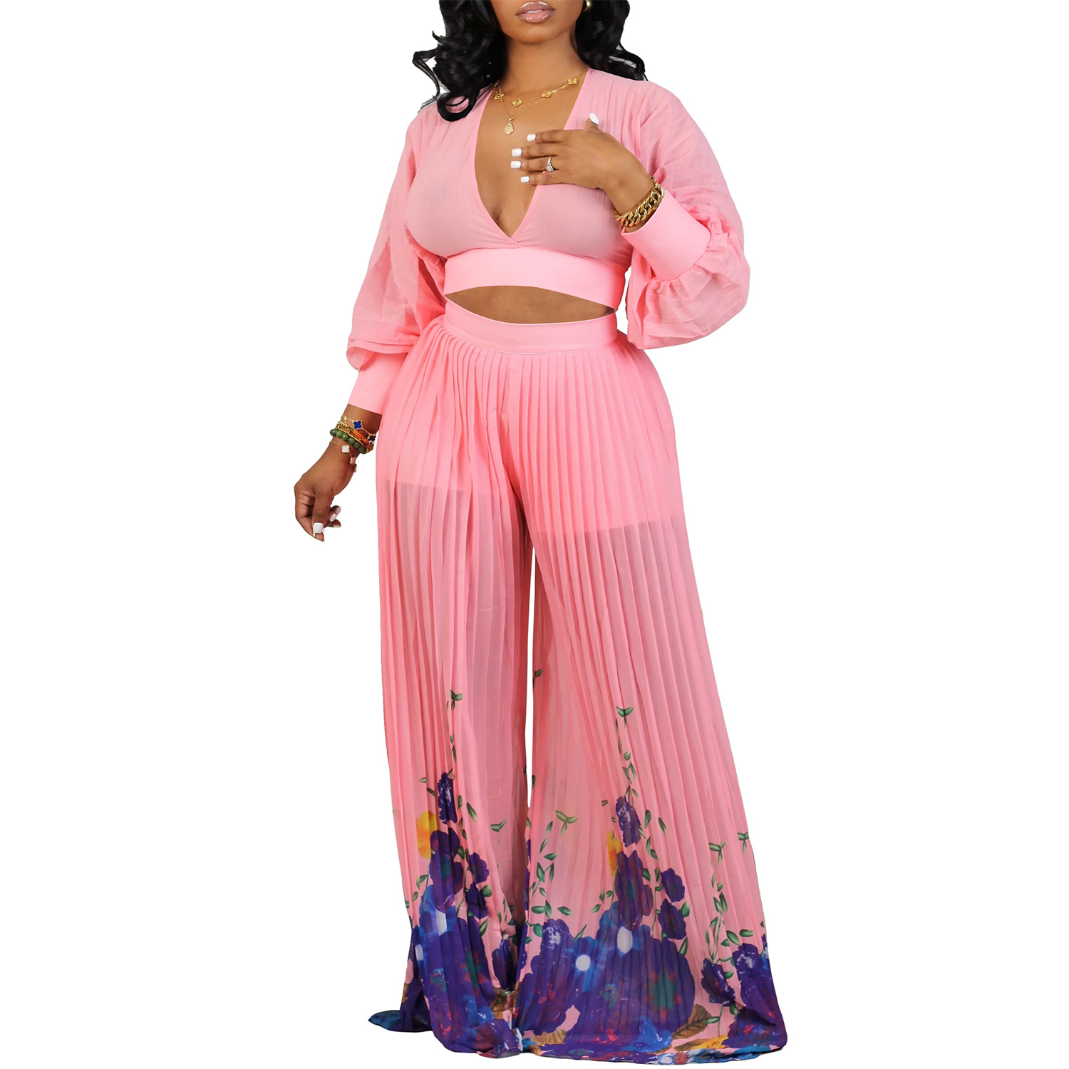 Zweiteiliges Damen-Set aus Chiffon mit V-Ausschnitt, Laternenärmeln, Plissee-Hose mit weitem Bein_voghion.com