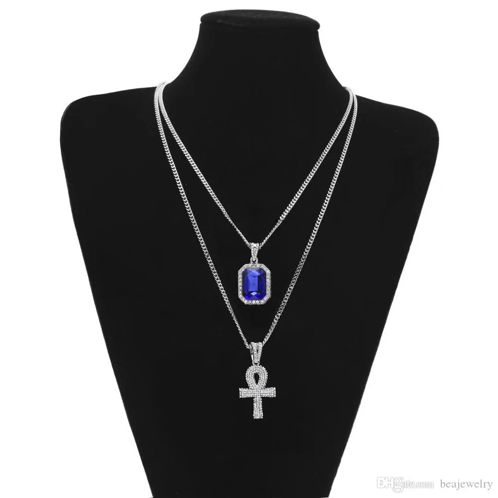 Neue Mode Ägyptischen Ankh Schlüssel des Lebens Bling Strass Kreuz mit Rot Rubin Anhänger Halskette Set Männer Hip Hop Schmuck Geschenk_voghion.com
