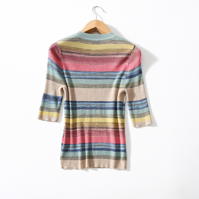 Pull en laine ultrafine pour femme, coupe cintrée, assorti avec tout, manches mi-longues, haut élastique à rayures arc-en-ciel, printemps et été_voghion.com