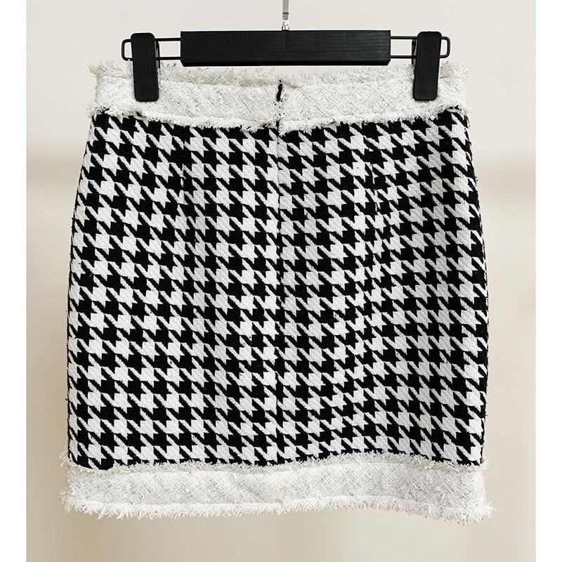 Women's Clothing autumn and winter star round neck zipper houndstooth fringed tweed jacket short coat_voghion.com