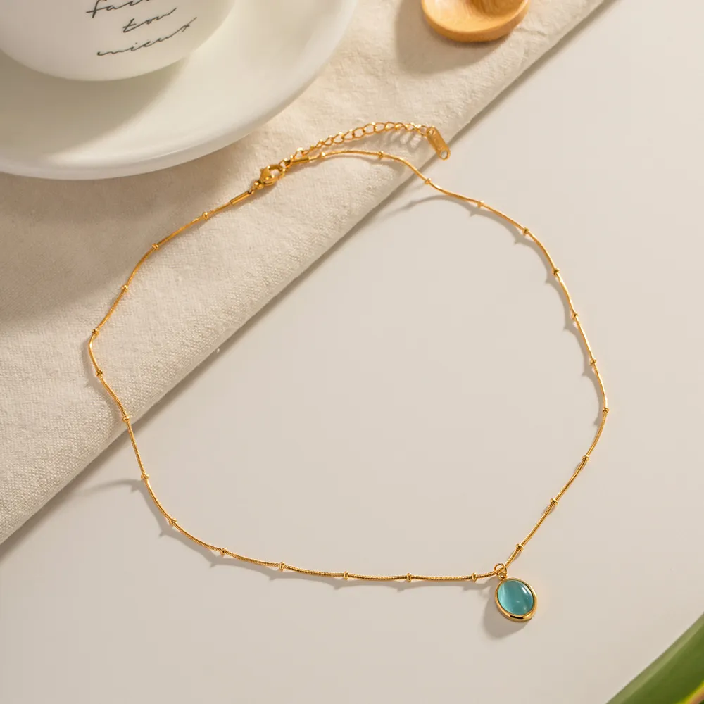 Collane con ciondolo INS Trend Collana ovale in opale blu da donna in acciaio inossidabile, impermeabile, semplicità, cristallo, collare girocollo_voghion.com