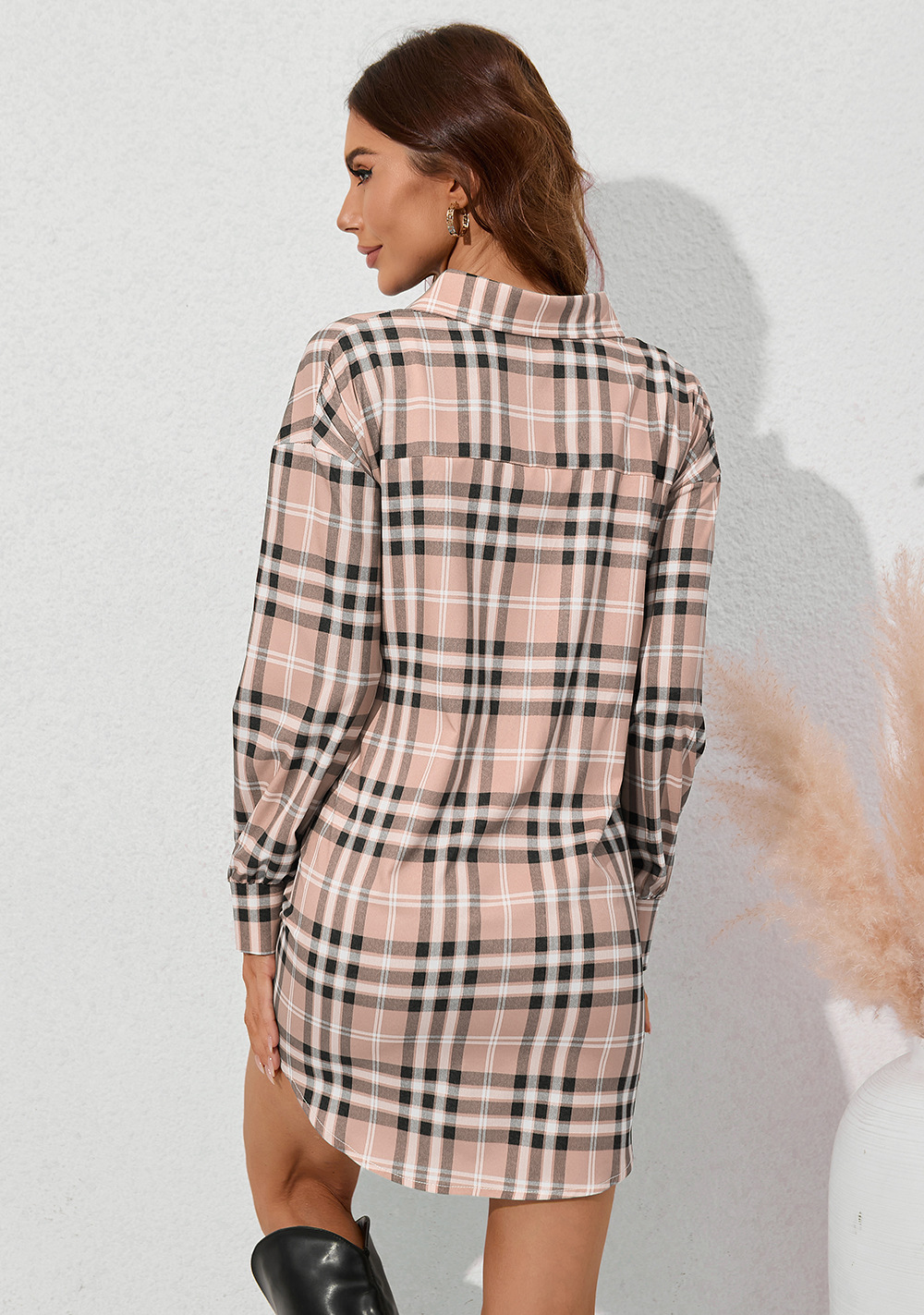 Abito monopetto a maniche lunghe a quadri da donna, autunno e inverno_voghion.com
