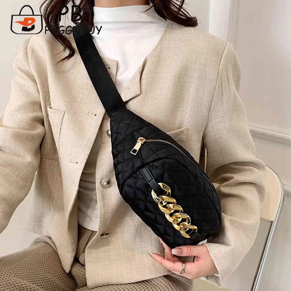Bolsa tiracolo acolchoada com corrente grossa, casual, alça ajustável, simples e portátil para fim de semana_voghion.com