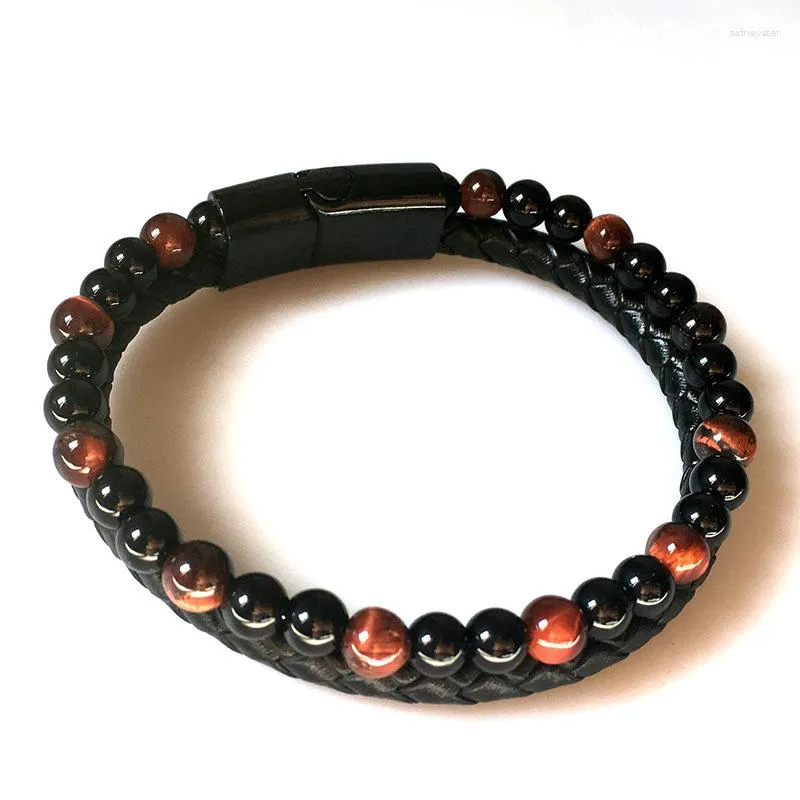 Charm Bracelets Vintage Men Leather Magnetic Buckle Natural Stone Beads Two-layer Braided Genuine Jewelry Gifts_ipsvogv.com