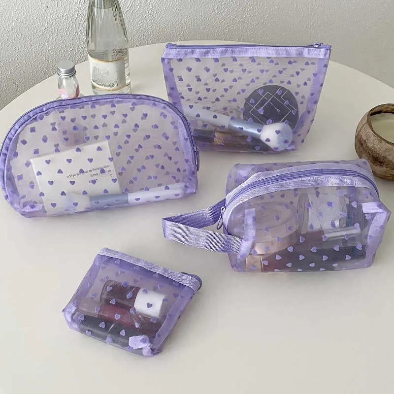 Organizator de machiaj portabil, transparent, din plasă imprimată în formă de inimă violetă, pentru călătorie, pentru depozitarea toaletei, geantă de hârtie, portofel Y241023_voghion.com