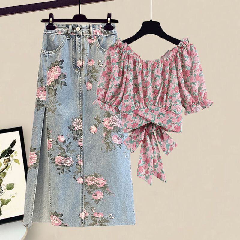 Vêtements pour femmes, haut à manches courtes, jupe en jean slim, ensemble deux pièces_voghion.com
