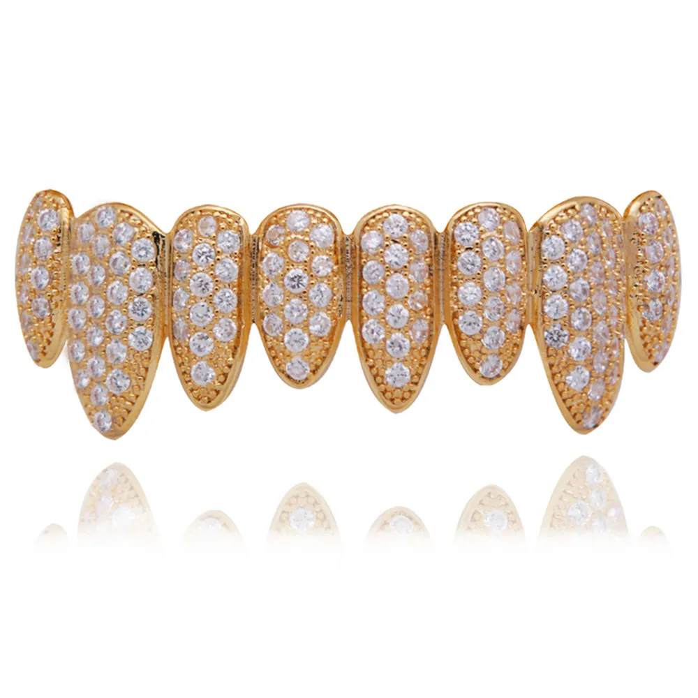 Rose Weißgold Vampir Grillz Iced Out Fang Grills Voller bunter Durchmesser Cosplay Zahnkappe Zahnspange_voghion.com