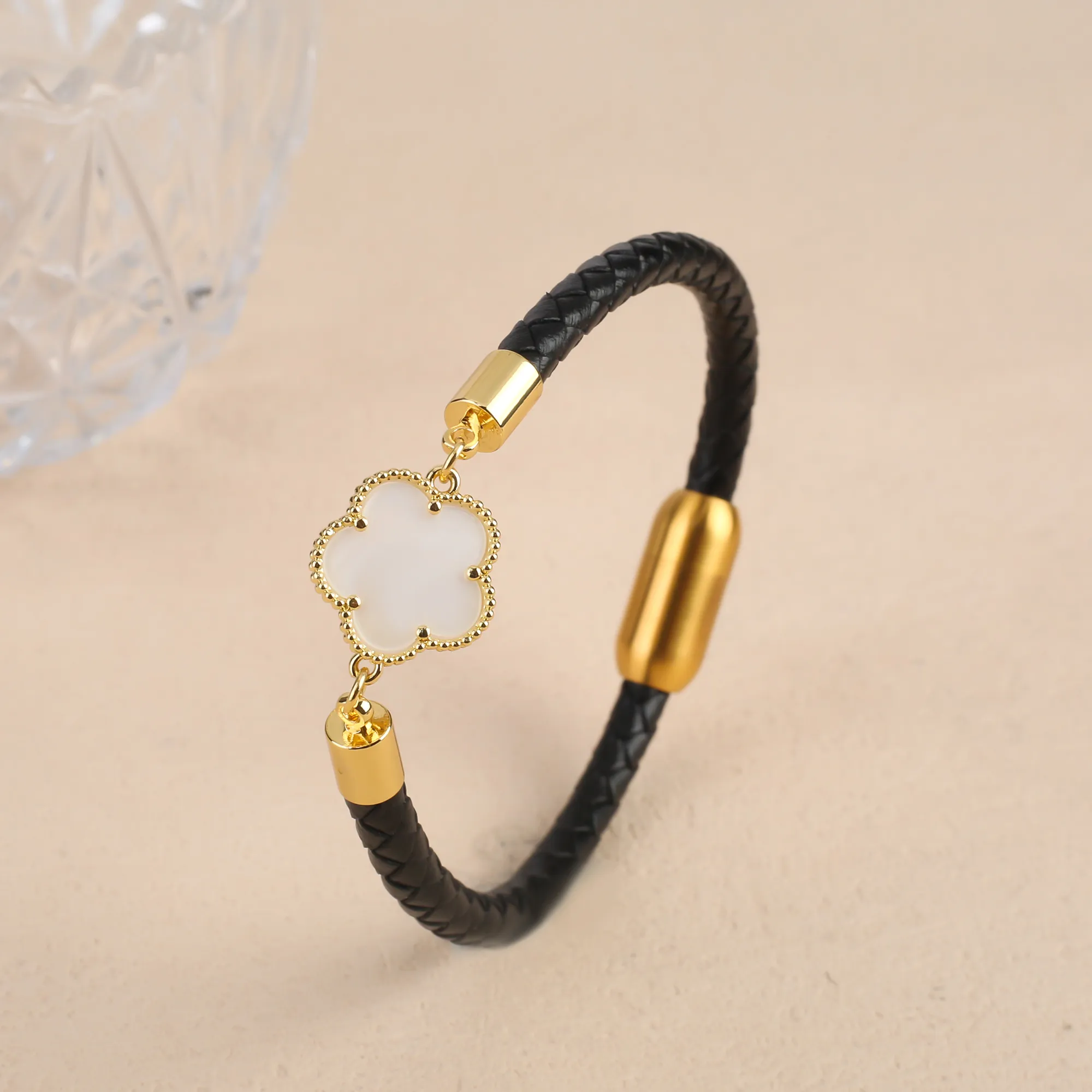 Clover Charm Leather Bracelet For Men And Women Simple Style_voghion.com