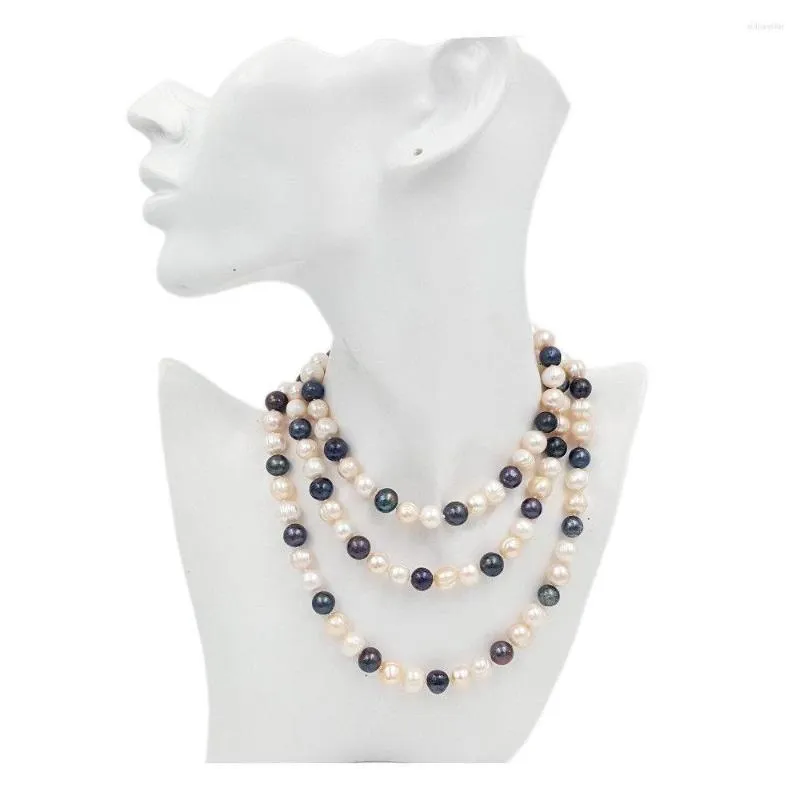 Ketten Handgeknüpfte natürliche barocke 9-10mm Süßwasserperle weiß rosa schwarz lang 106cm Halskette Modeschmuck_voghion.com