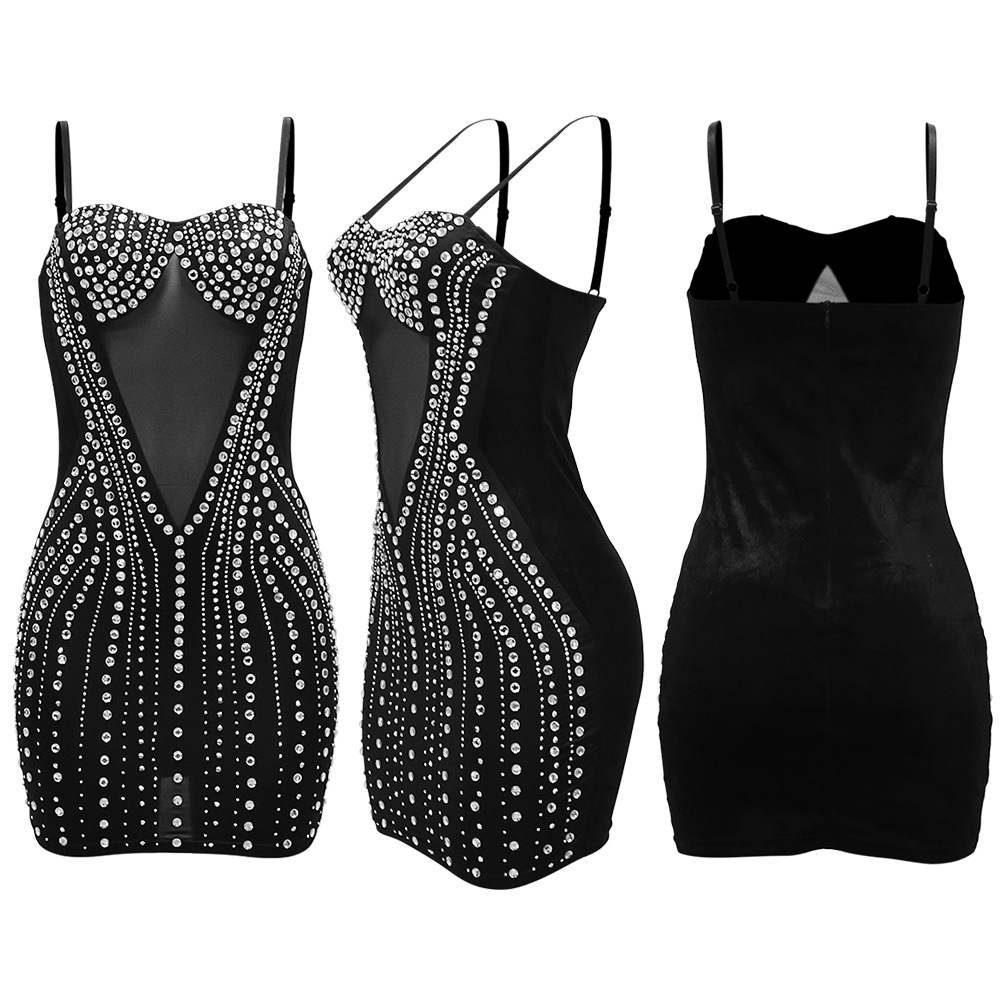 Damenbekleidung, sexy, heißes, durchsichtiges, hüftbedeckendes, ärmelloses Strapskleid aus Diamant-Samt-Spleißnetz für Damen_voghion.com