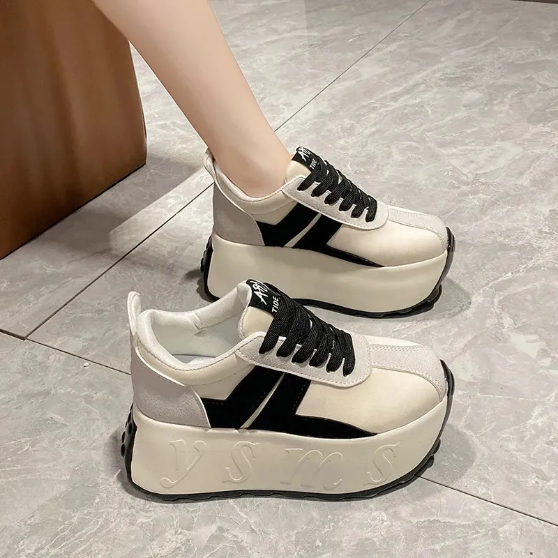 Scarpe sportive casual da donna con tacco alto da 7,5 cm, con zeppa e plateau, in pelle, bianche, comode e robuste_voghion.com