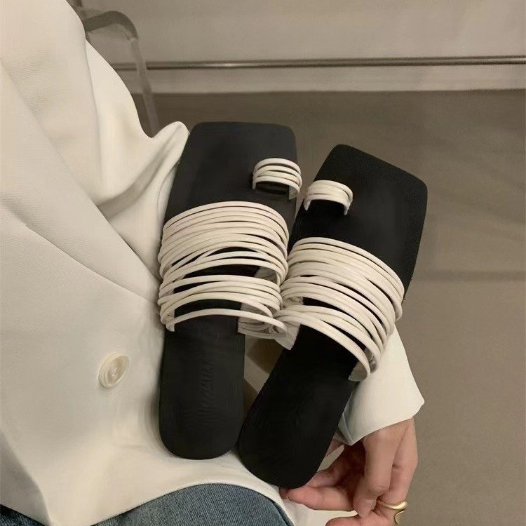 Square Toe Flat Leather Slippers For Women Open Toe Beach Shoes_voghion.com