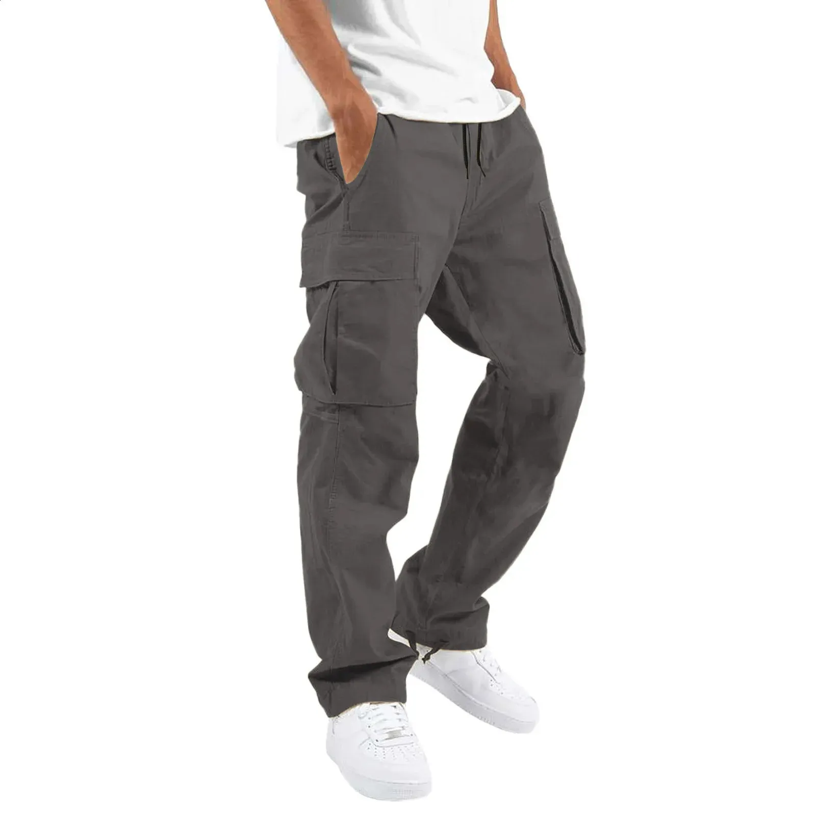 Calças para homens comprimento total cor sólida solta vários bolsos bolsos com cordão calças cargo masculinas 3XL 240813_voghion.com