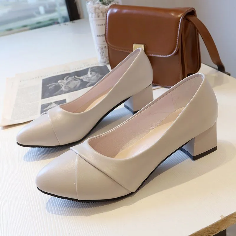 Moccasin single thick middle heeled work interview career pointed high heels large size women's shoes_ecoleips.com