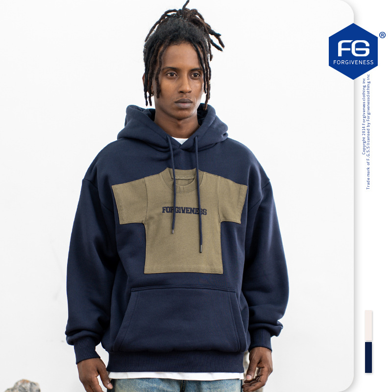 Felpa con cappuccio casual da uomo con cuciture retrò e velluto, per coppia_voghion.com