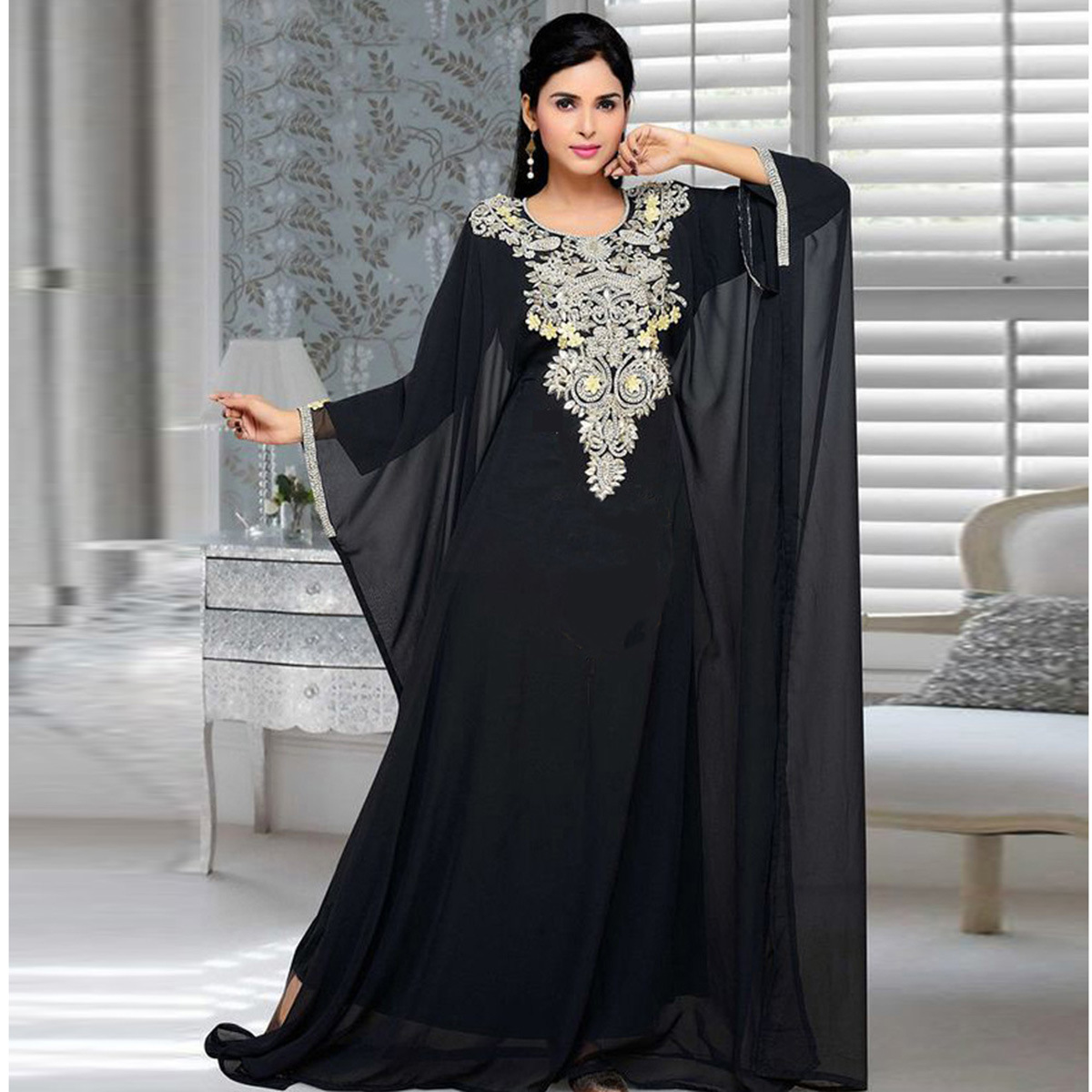 Women's large loose robe heavy embroidery patchwork collar dress