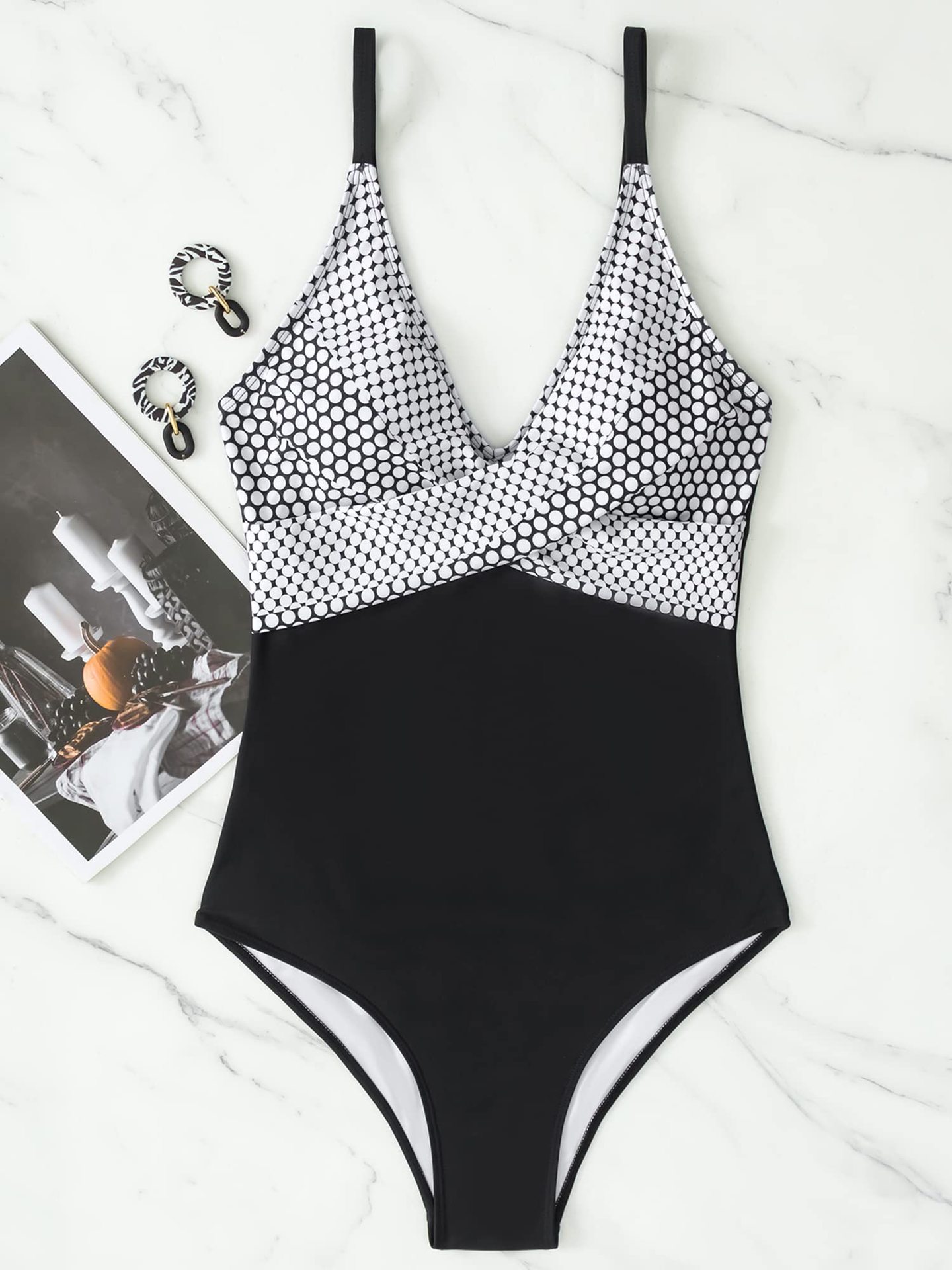 Damen Bikini-Badeanzug mit V-Ausschnitt, farblich passender Träger, rückenfrei, sexy, einteiliger Badeanzug_voghion.com