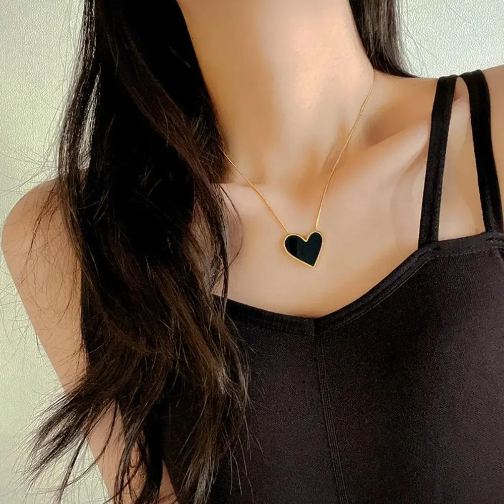 Catene in acciaio inossidabile grande cuore nero collana pendente per donna ragazza moda girocollo gioielli resistenti allo sbiadimento_voghion.com