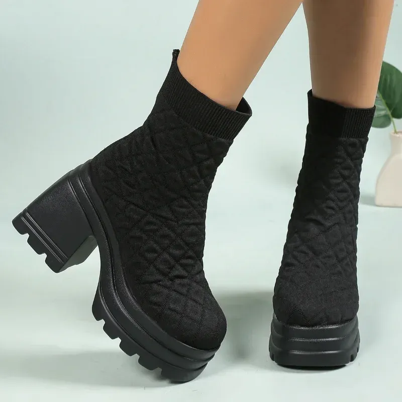 Frauen Stricken Chunky Winter Stretch Socken Stiefel Weibliche Herbst Mode Plattform Slip auf Square Heel Botas De Mujer_voghion.com