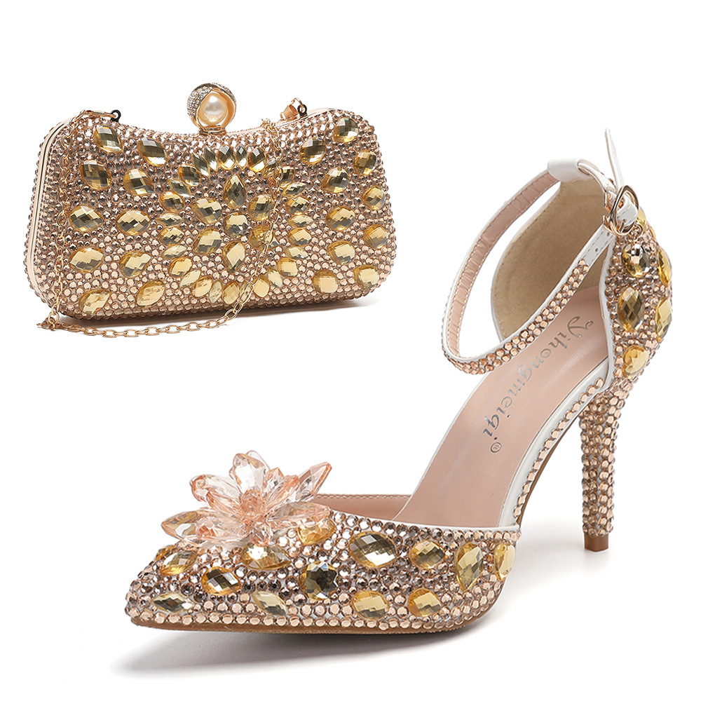 Women's Shoes sandals with stilettos and pointed toes, crystal glass flowers, champagne , banquet evening bag combination women's shoes