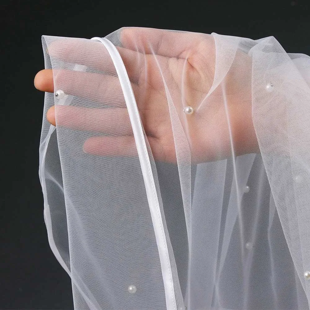 Hair Jewelry Pearls Beaded Bridal 2 Tier Long Cathedral Veils Ribbon Edge With Comb Drop Style Wedding Dresses_voghion.com