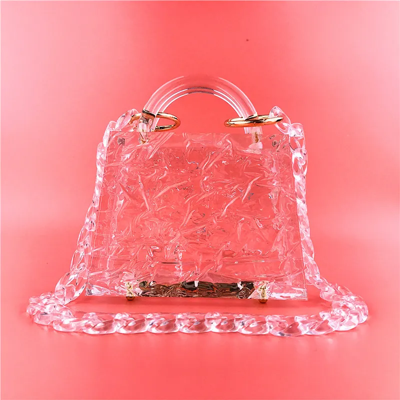Borsa a mano trasparente con motivo a crepe di ghiaccio, pochette trasparente per donna, borsa da sera con secchiello e catena in acrilico 2024_voghion.com