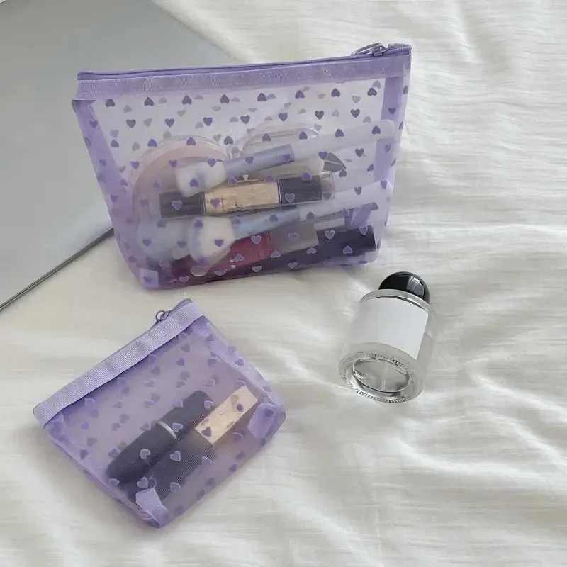 Organizator de machiaj portabil, transparent, din plasă imprimată în formă de inimă violetă, pentru călătorie, pentru depozitarea toaletei, geantă de hârtie, portofel Y241023_voghion.com